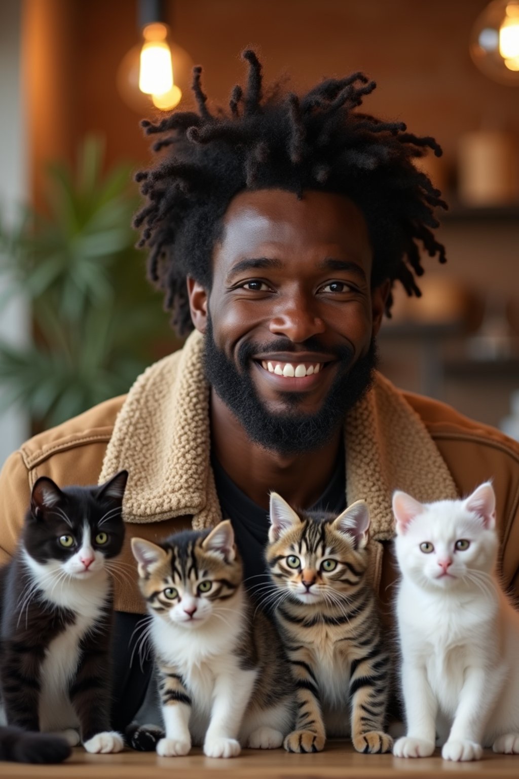 man in a Cat Cafe with many cute Cats and Kittens around them