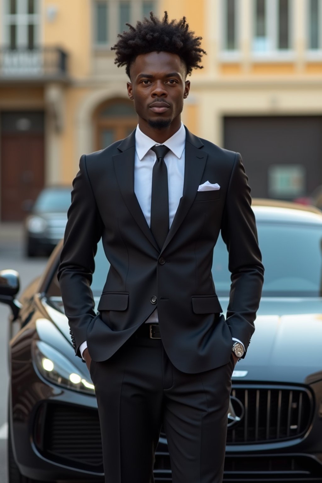 man wearing suit  posing in front of a sports car