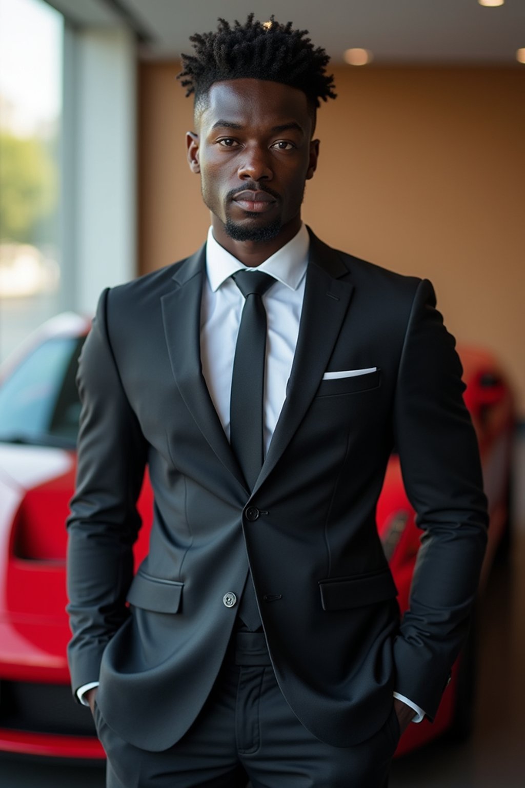 man wearing suit  posing in front of a sports car