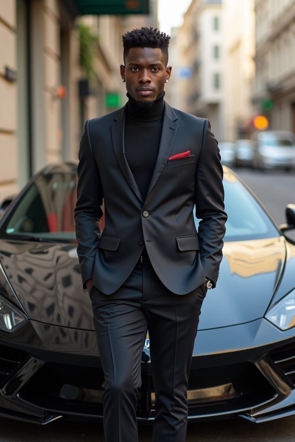 man wearing suit  posing in front of a sports car