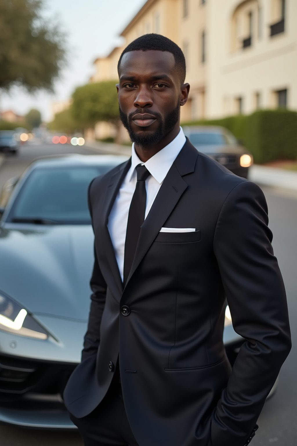 man wearing suit  posing in front of a sports car