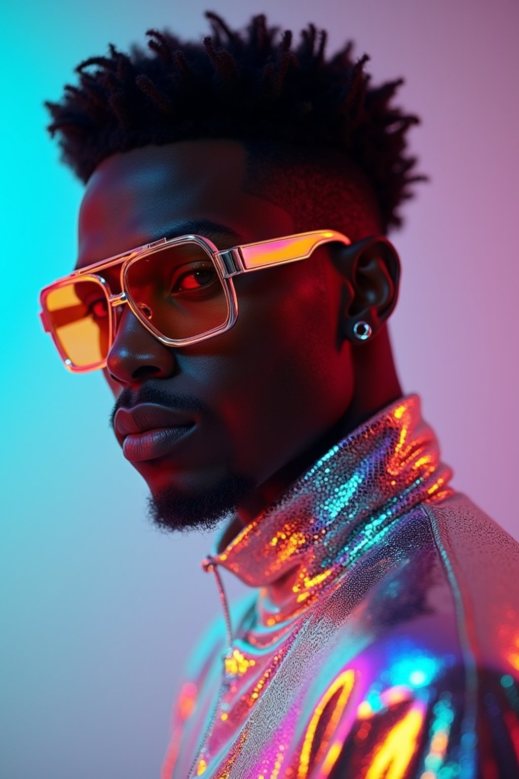 man in holographic style, wearing shiny holographic fashion