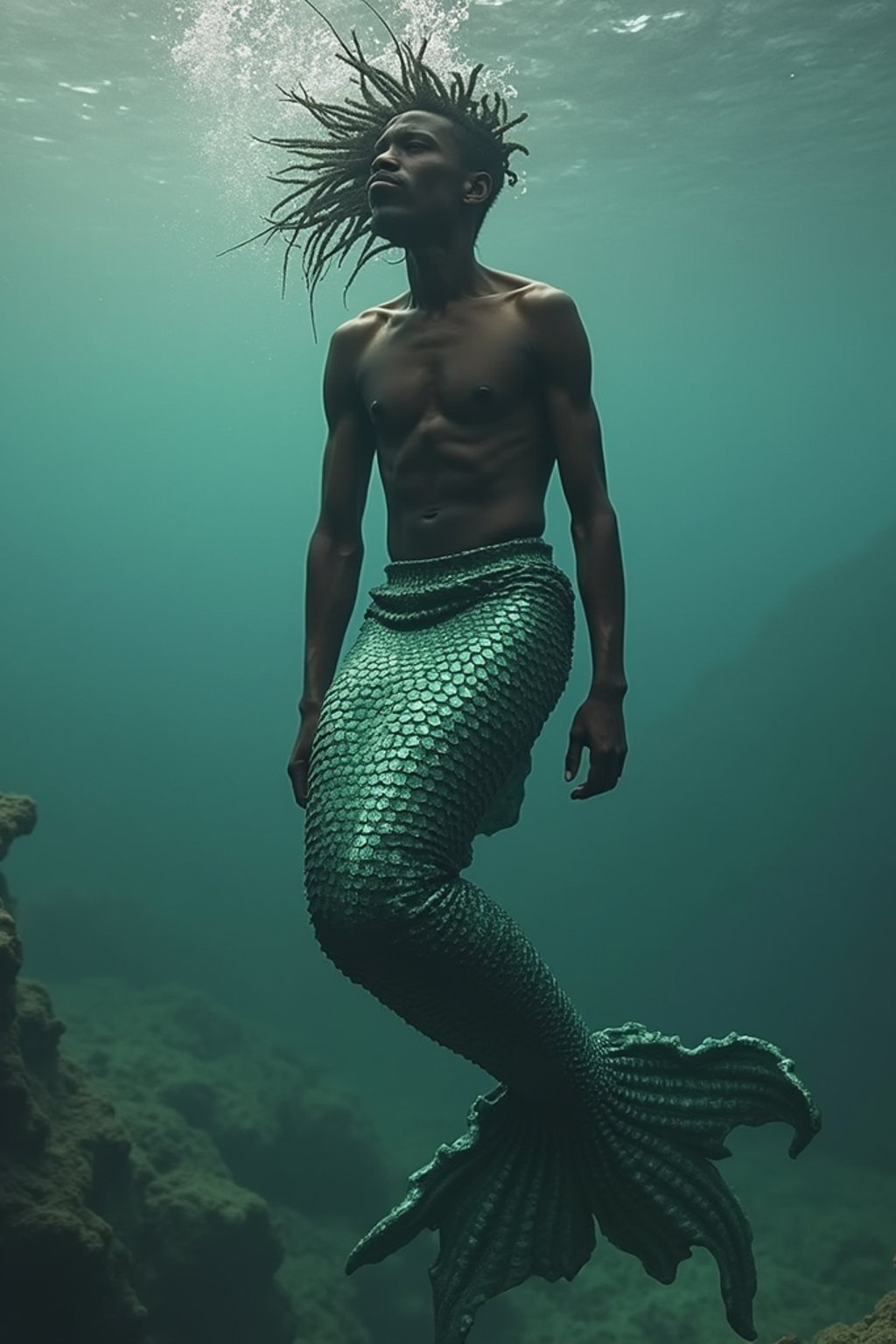 man as a Mermaid the head and upper body of a human and the tail of a fish