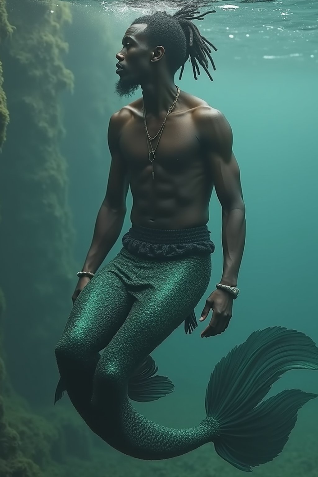 man as a Mermaid the head and upper body of a human and the tail of a fish