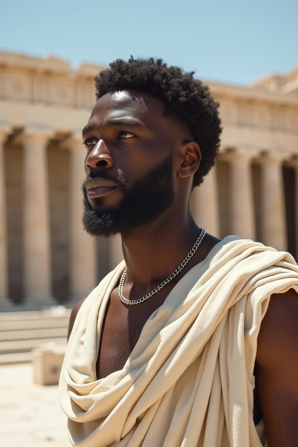 man as Ancient Greek philosopher in 500 B.C., Ancient Roman white clean new temple in background