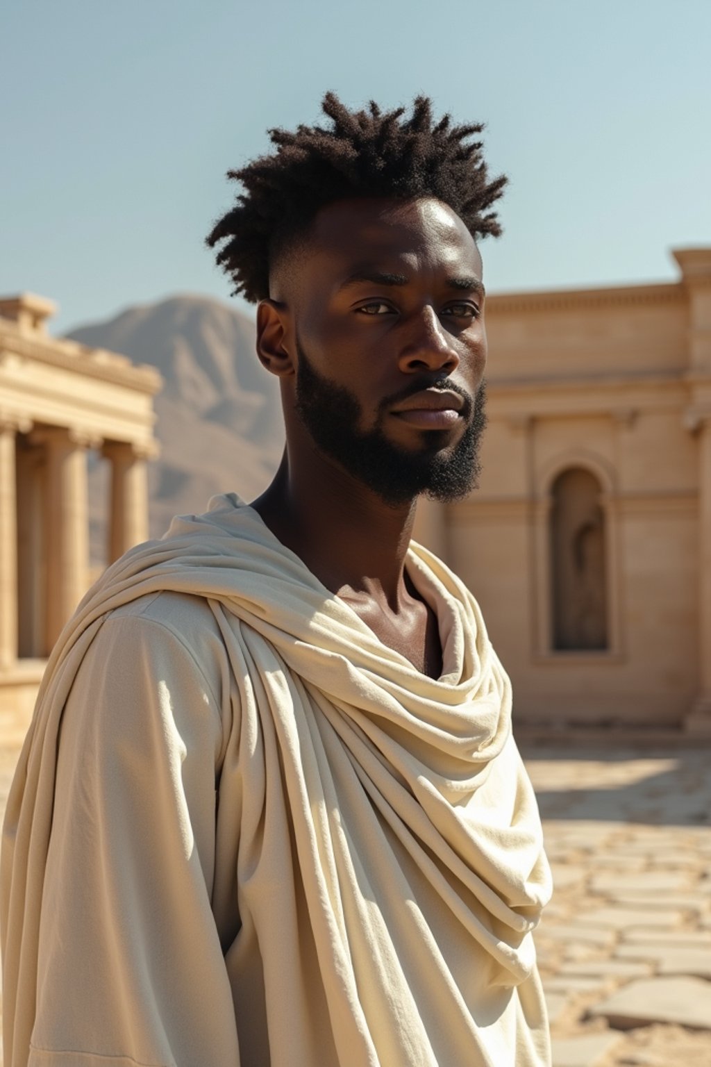 man as Ancient Greek philosopher in 500 B.C., Ancient Roman white clean new temple in background