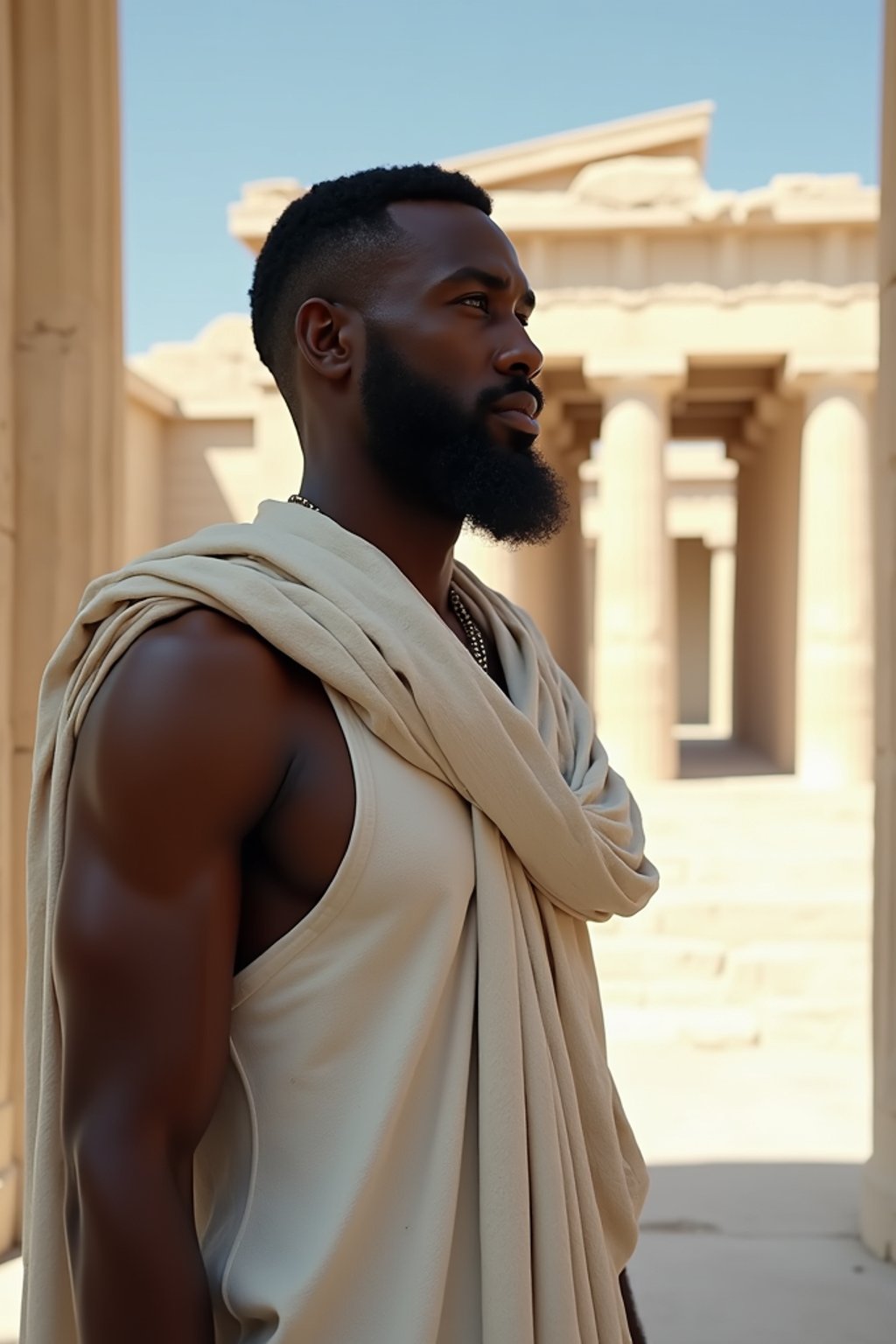 man as Ancient Greek philosopher in 500 B.C., Ancient Roman white clean new temple in background