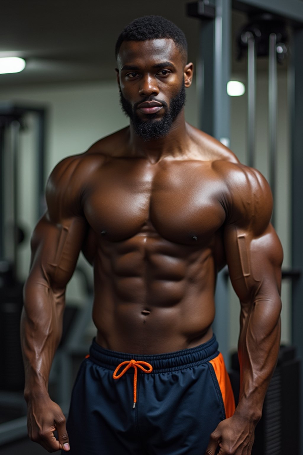 man in shorts and shirtless  in the fitness gym working out