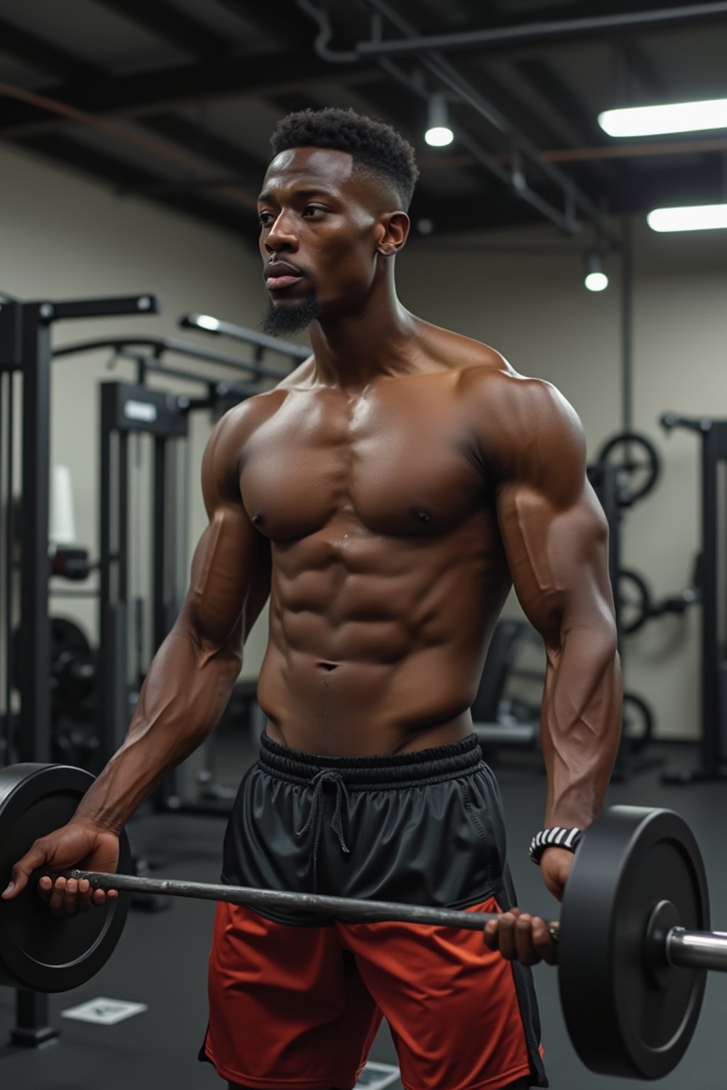 man in shorts and shirtless  in the fitness gym working out