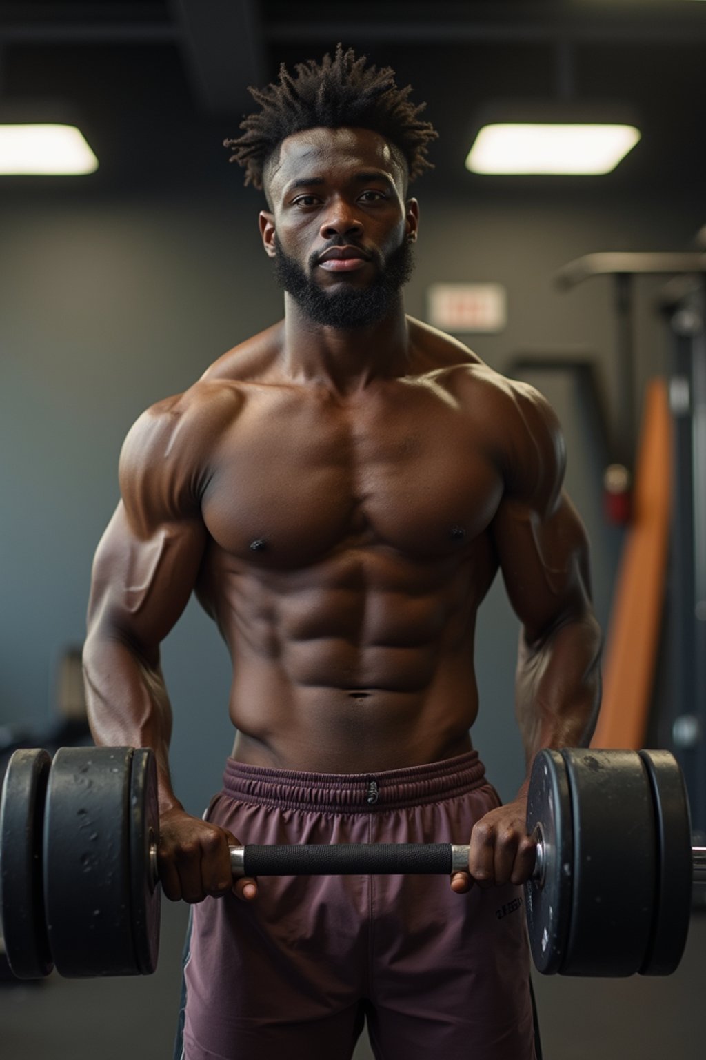 man in shorts and shirtless  in the fitness gym working out