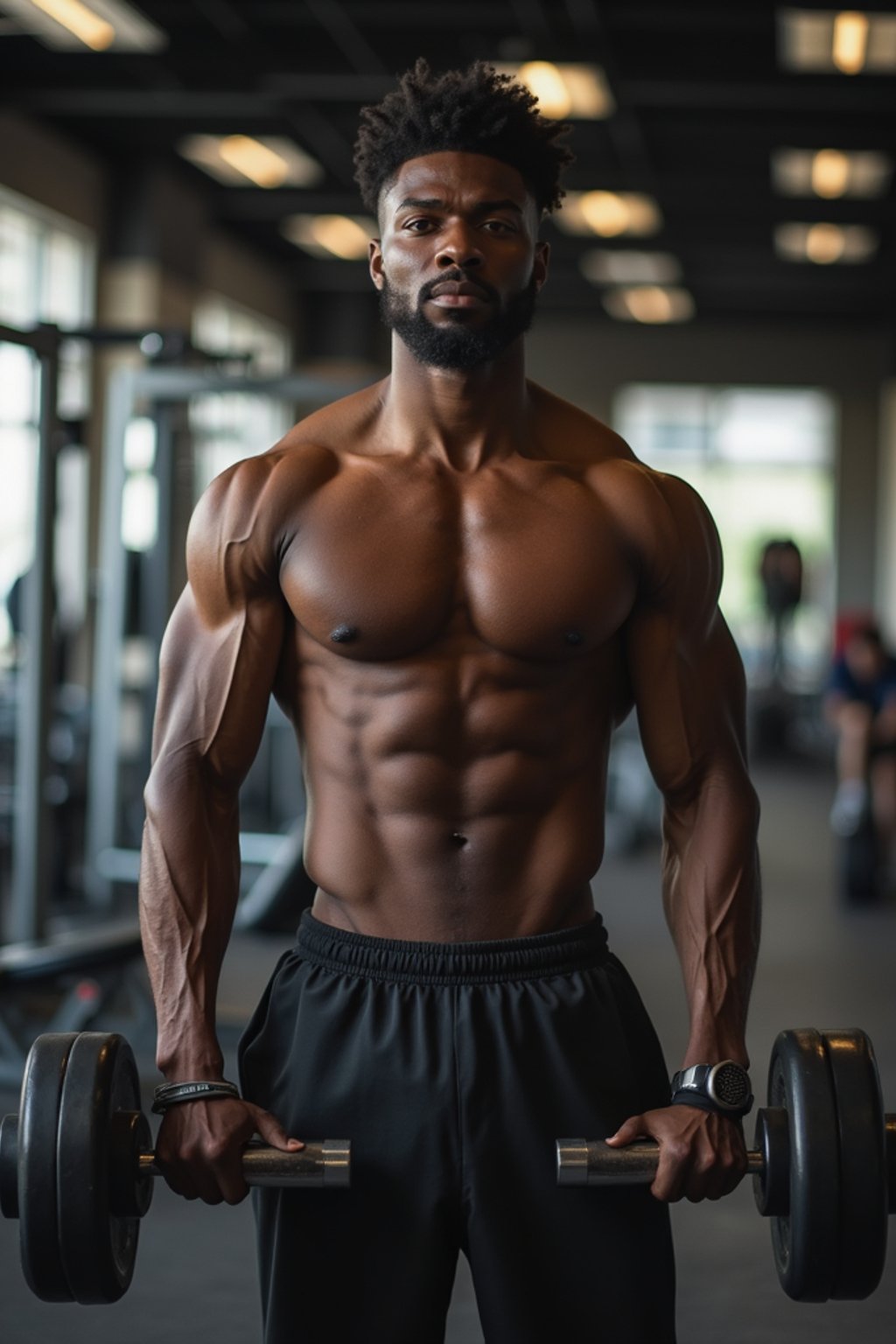 man in shorts and shirtless  in the fitness gym working out