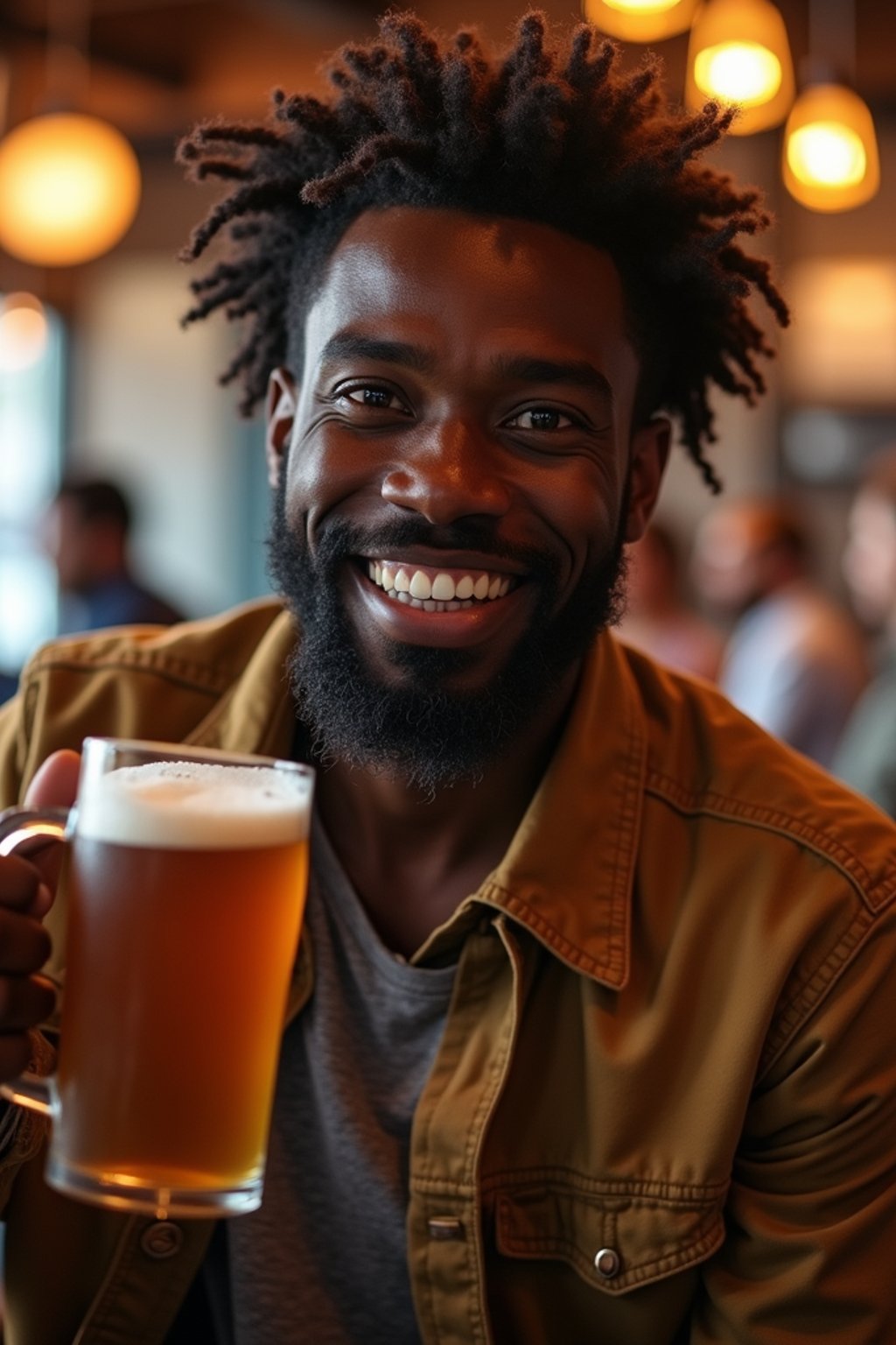 man in a busy bar drinking beer. holding an intact pint glass mug of beer