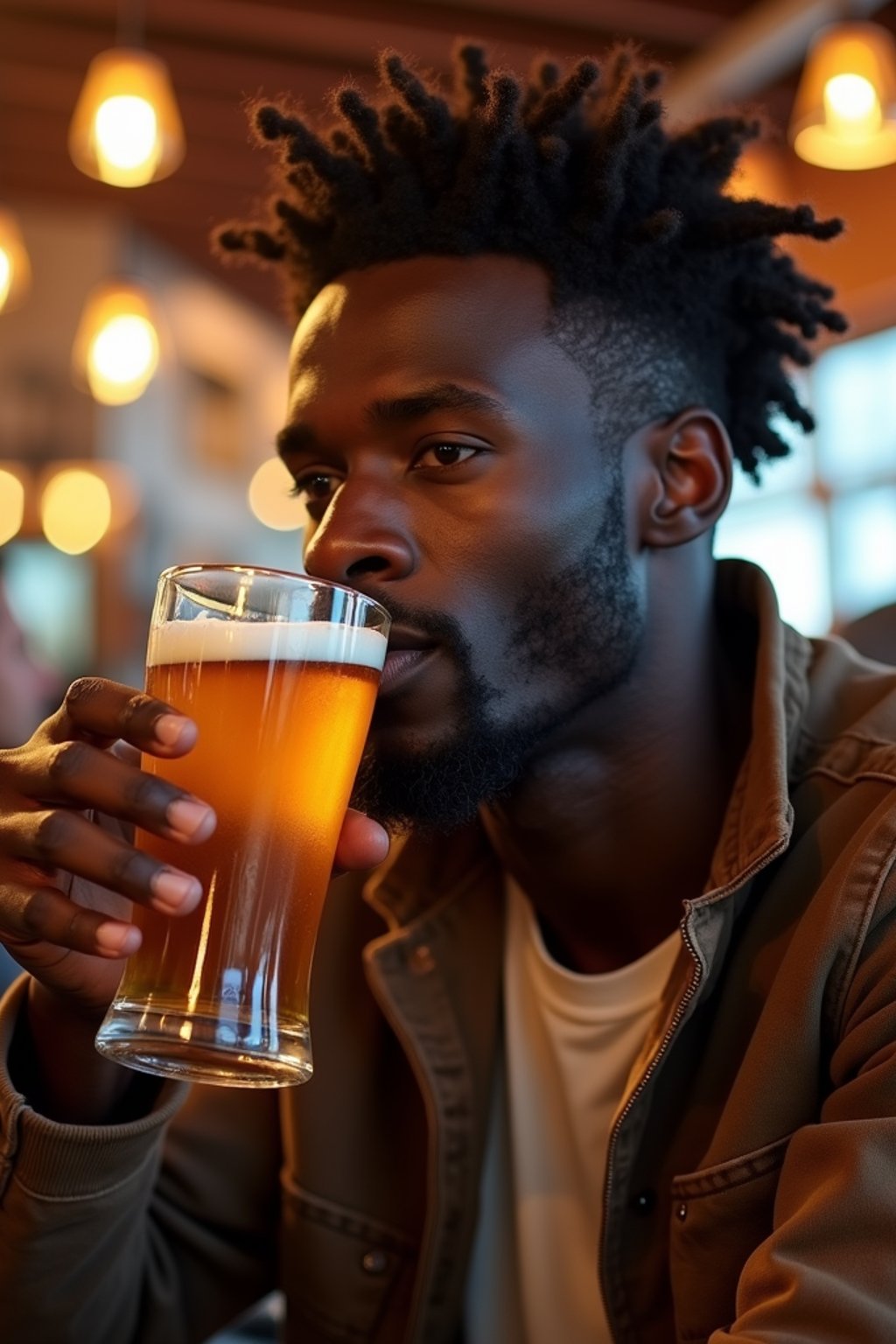 man in a busy bar drinking beer. holding an intact pint glass mug of beer