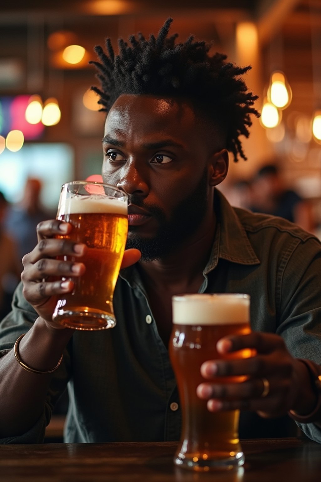 man in a busy bar drinking beer. holding an intact pint glass mug of beer