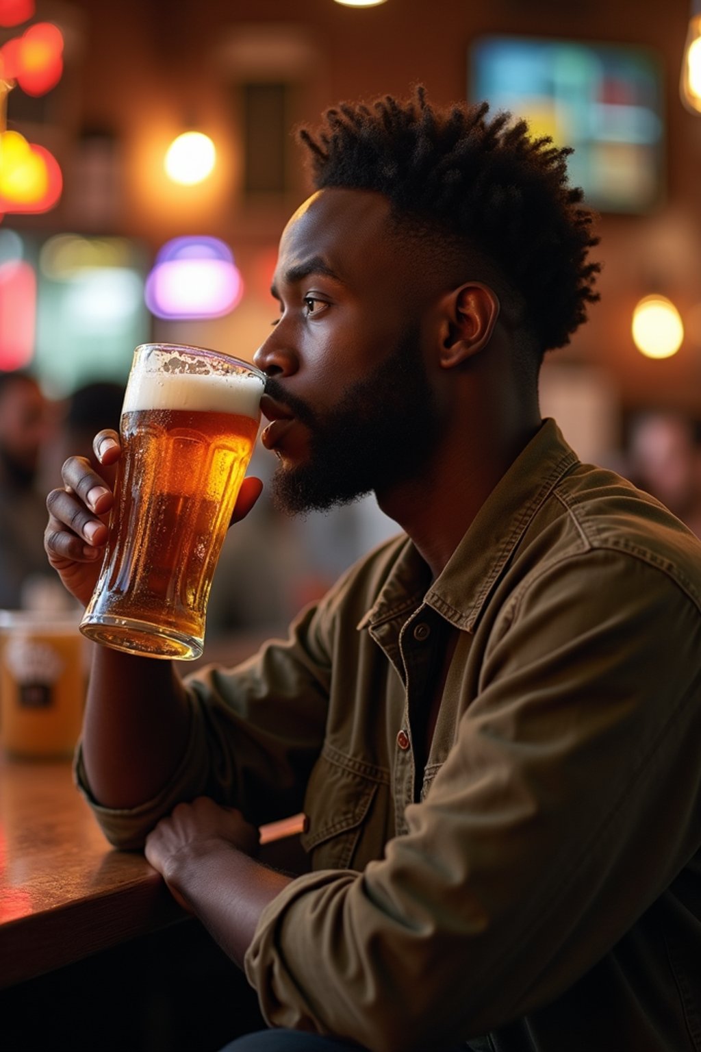 man in a busy bar drinking beer. holding an intact pint glass mug of beer