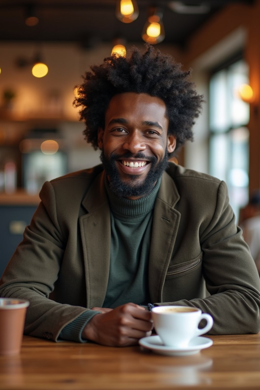 man in hipster coffee place with coffee cup on table