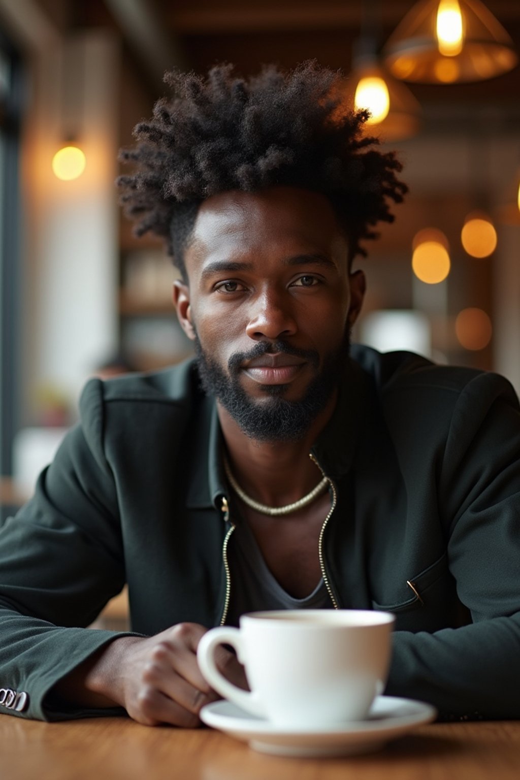 man in hipster coffee place with coffee cup on table