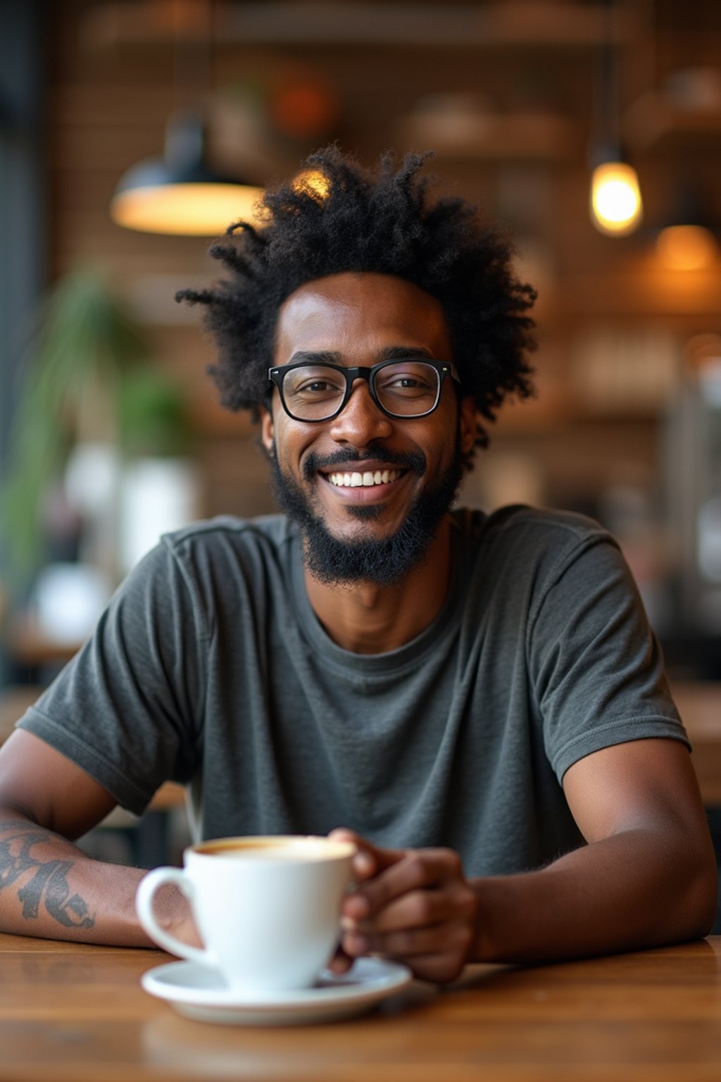 man in hipster coffee place with coffee cup on table