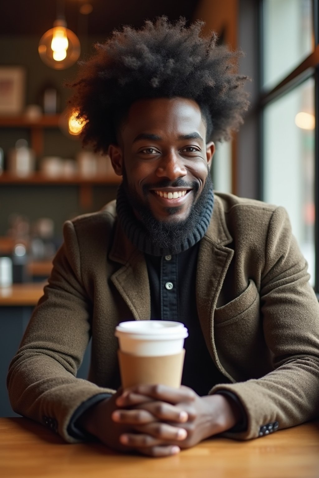 man in hipster coffee place with coffee cup on table