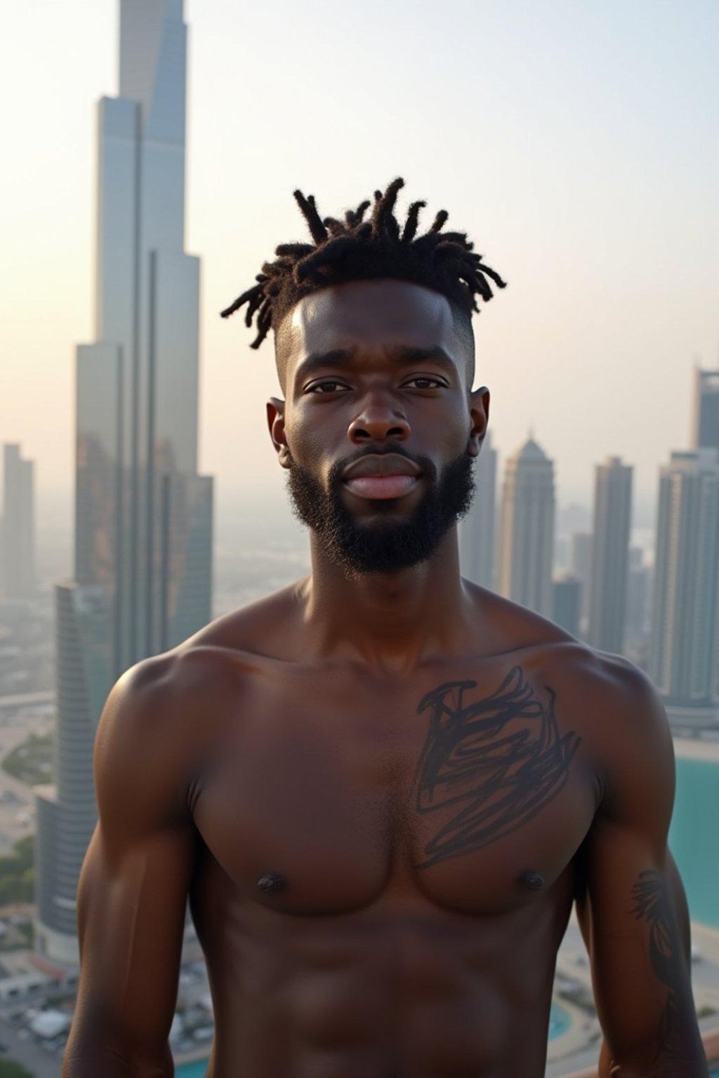 man standing in front of city skyline viewpoint in Dubai with city skyline in background