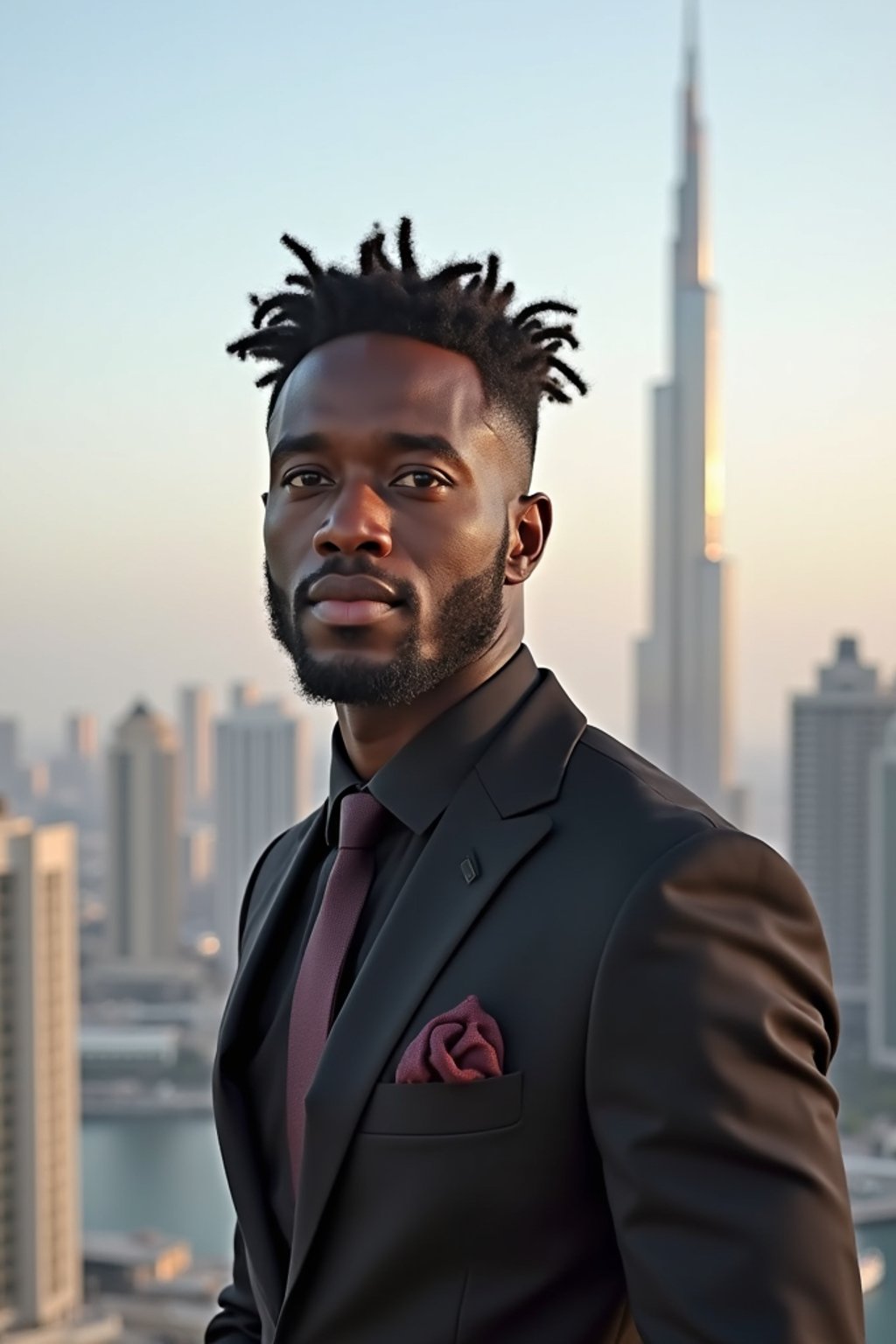 man standing in front of city skyline viewpoint in Dubai with city skyline in background