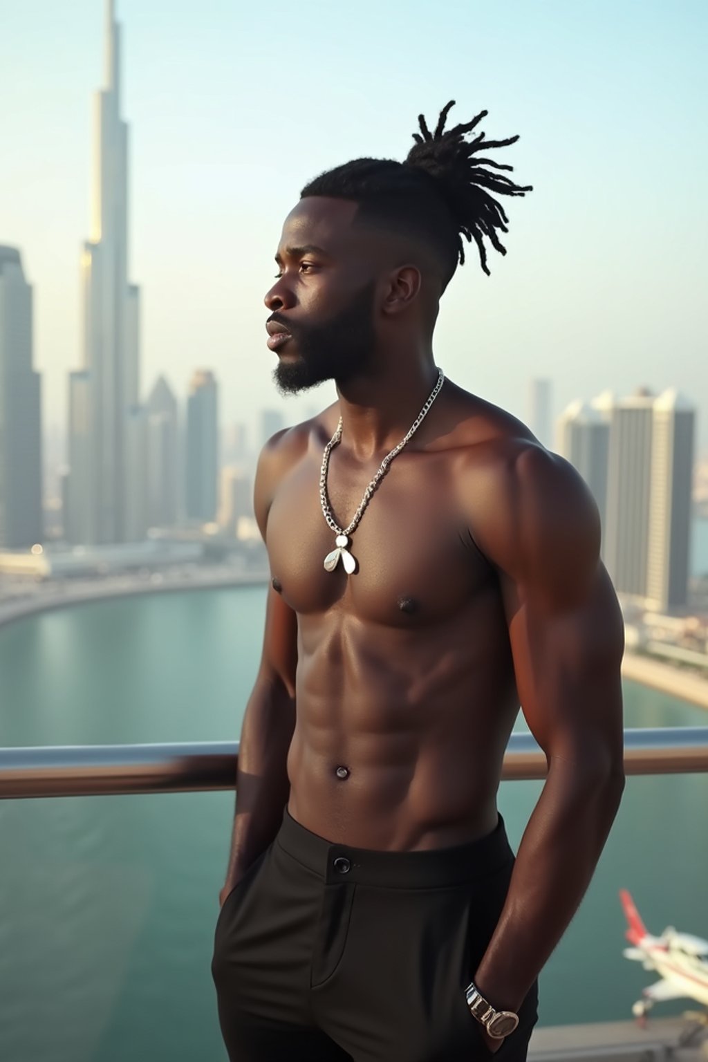 man standing in front of city skyline viewpoint in Dubai with city skyline in background