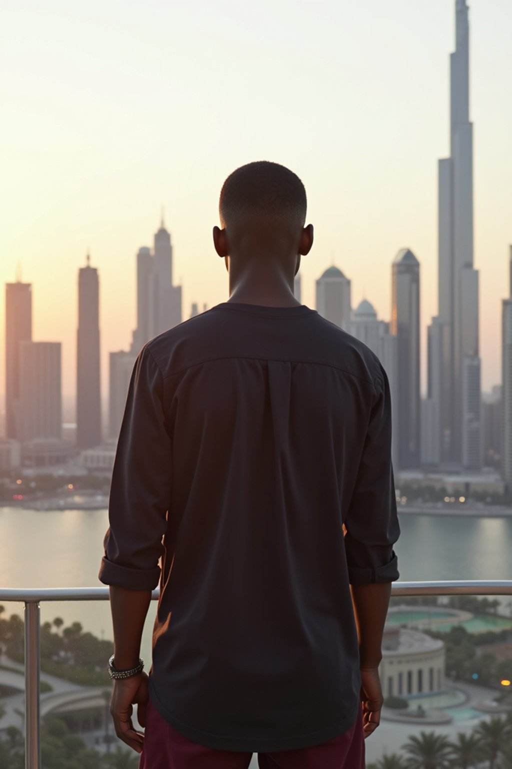 man standing in front of city skyline viewpoint in Dubai with city skyline in background