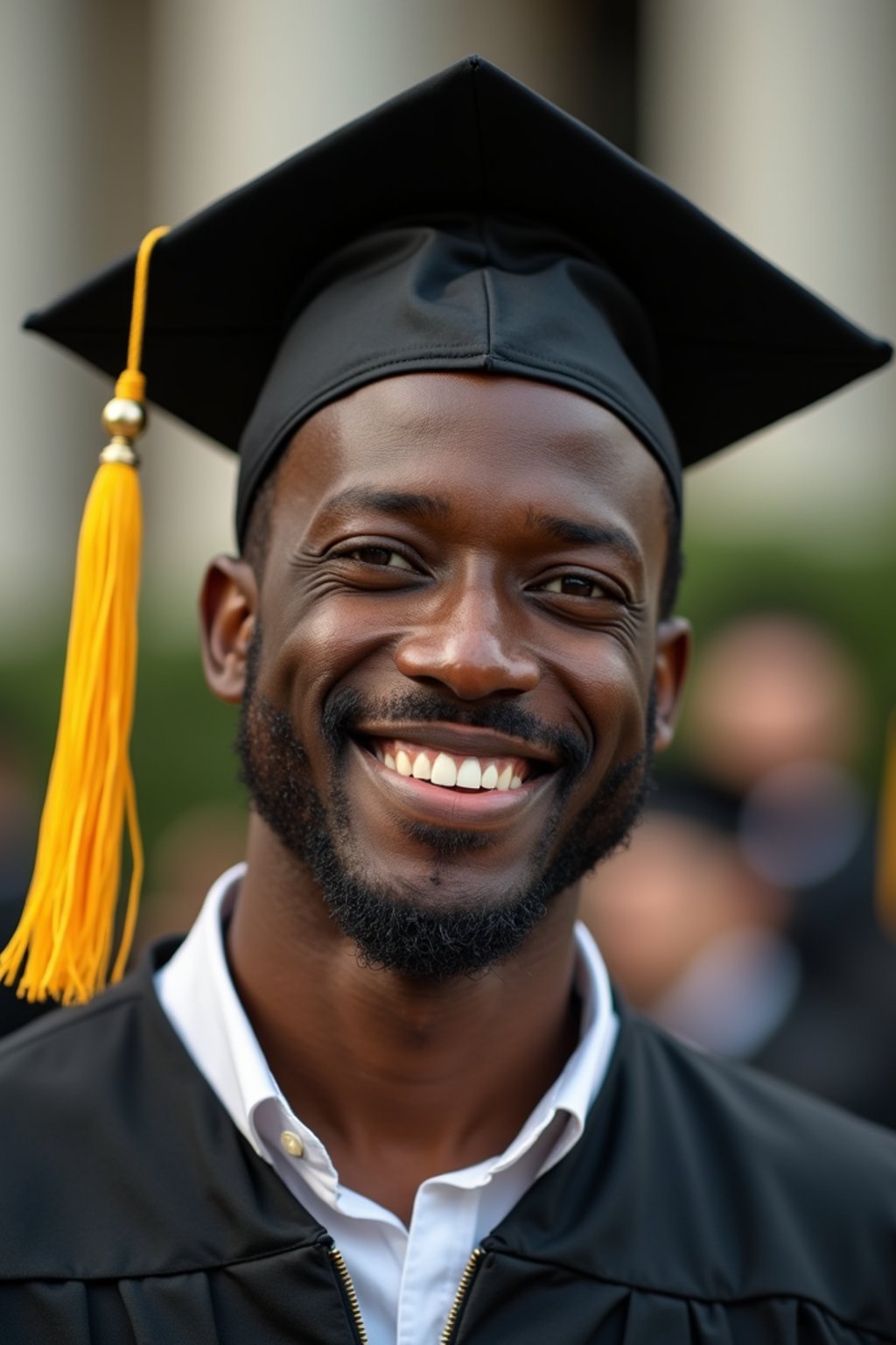 happy  man in Graduation Ceremony wearing a square black Graduation Cap with yellow tassel at college