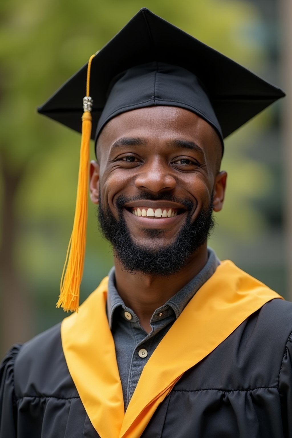 happy  man in Graduation Ceremony wearing a square black Graduation Cap with yellow tassel at college