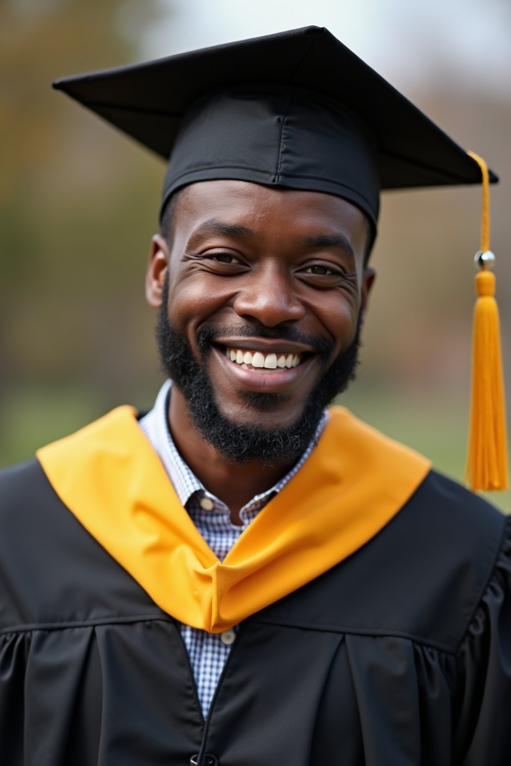 happy  man in Graduation Ceremony wearing a square black Graduation Cap with yellow tassel at college