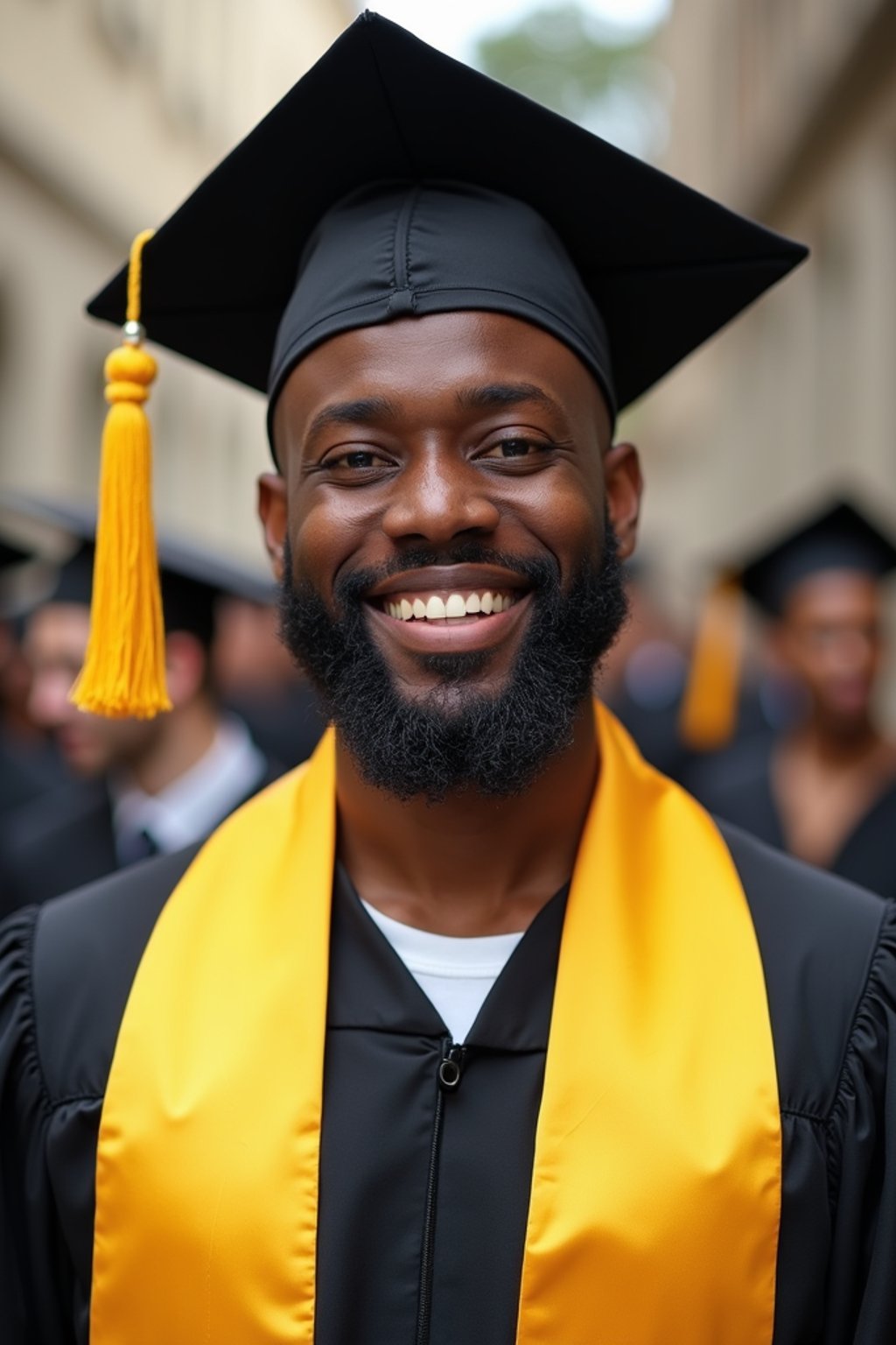 happy  man in Graduation Ceremony wearing a square black Graduation Cap with yellow tassel at college