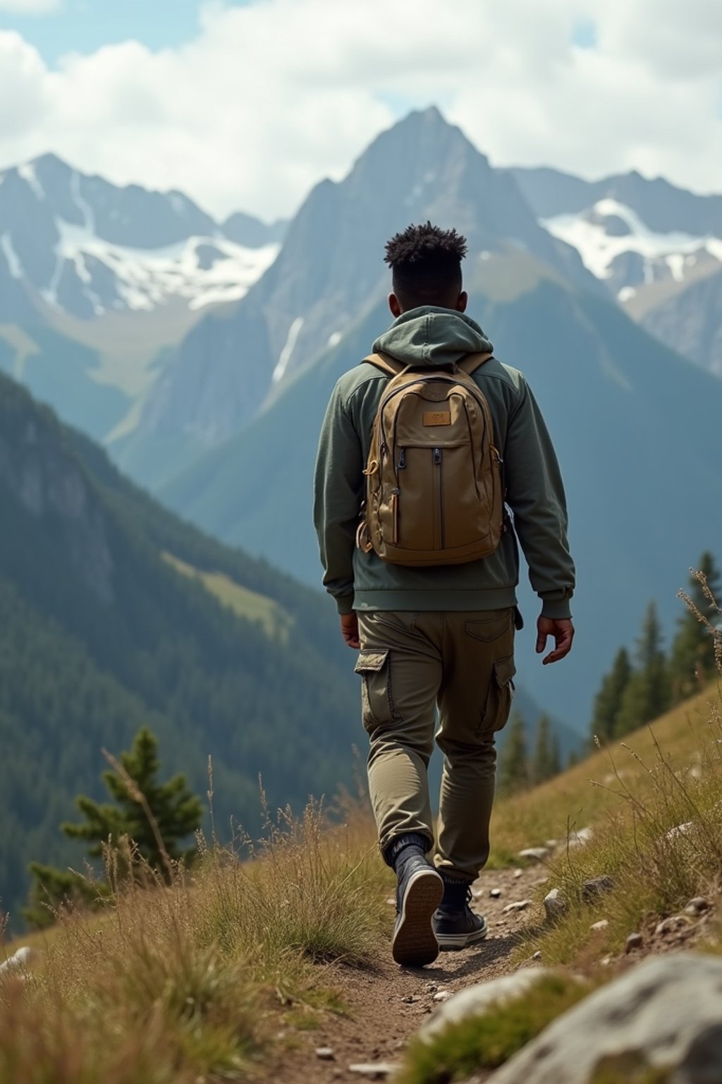 man hiking in mountains