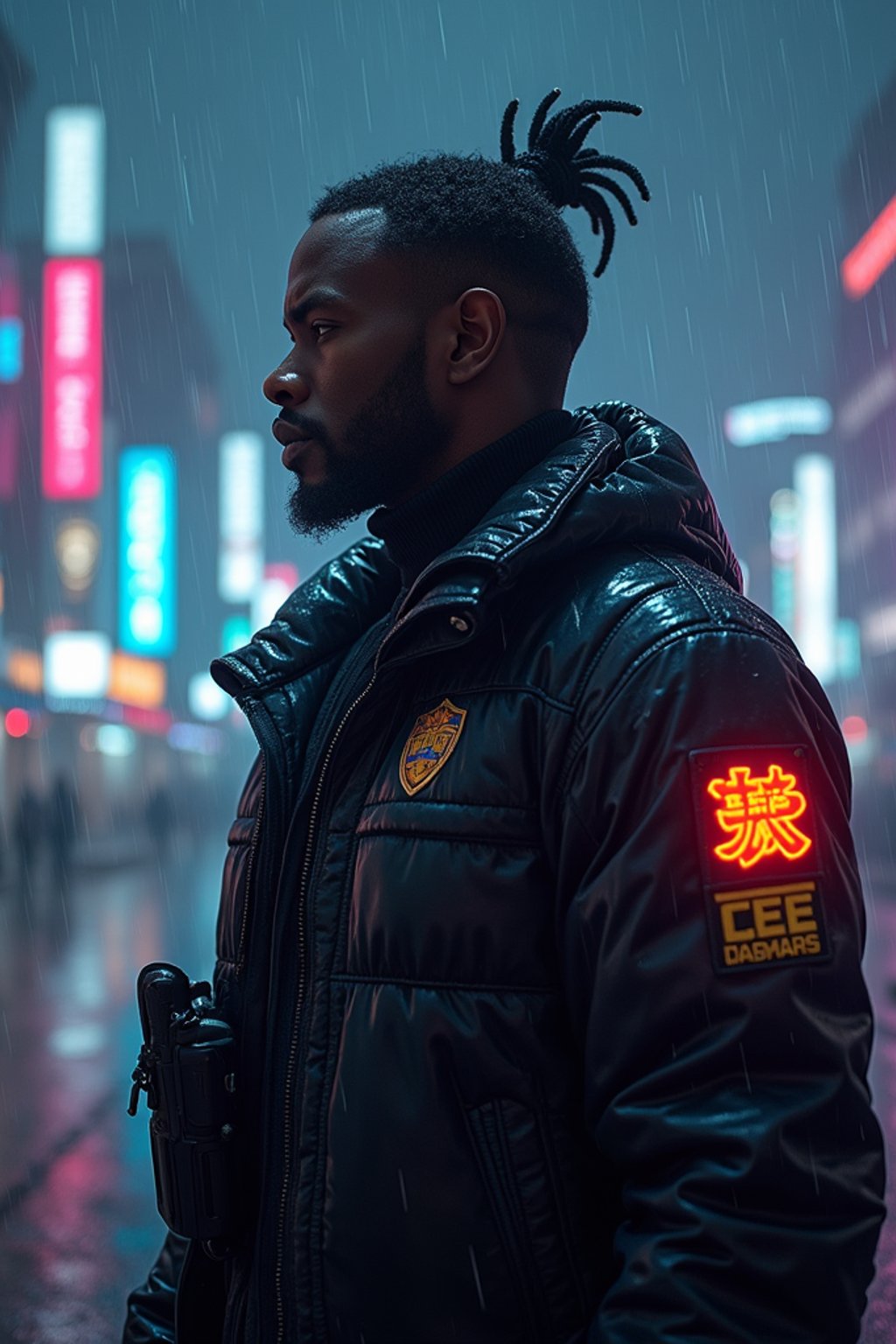 man as futuristic beautiful cyberpunk police officer, in heavy rainning futuristic tokyo rooftop cyberpunk night, ssci-fi, fantasy, intricate, very very beautiful, elegant, neon light, highly detailed, digital painting, artstation, concept art, soft light, hdri, smooth, sharp focus, illustration, art by tian zi and craig mullins and wlop and alphonse mucha