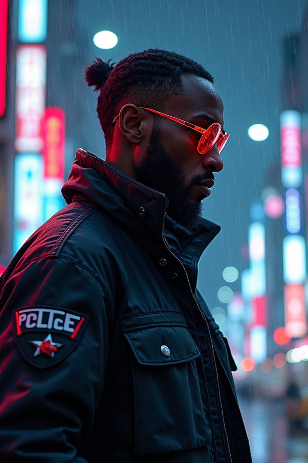 man as futuristic beautiful cyberpunk police officer, in heavy rainning futuristic tokyo rooftop cyberpunk night, ssci-fi, fantasy, intricate, very very beautiful, elegant, neon light, highly detailed, digital painting, artstation, concept art, soft light, hdri, smooth, sharp focus, illustration, art by tian zi and craig mullins and wlop and alphonse mucha