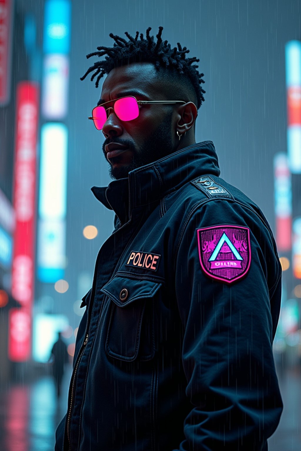 man as futuristic beautiful cyberpunk police officer, in heavy rainning futuristic tokyo rooftop cyberpunk night, ssci-fi, fantasy, intricate, very very beautiful, elegant, neon light, highly detailed, digital painting, artstation, concept art, soft light, hdri, smooth, sharp focus, illustration, art by tian zi and craig mullins and wlop and alphonse mucha