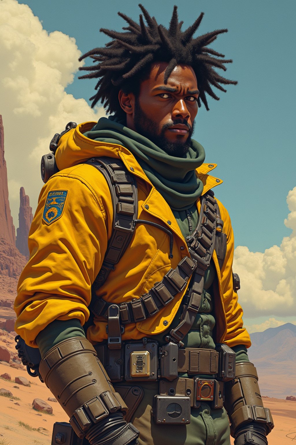 man in Overwatch, character shot, shot, concept art, intricate details, highly detailed, vintage sci - fi poster, retro future, in the style of chris foss, rodger dean, moebius, michael whelan, and gustave dore