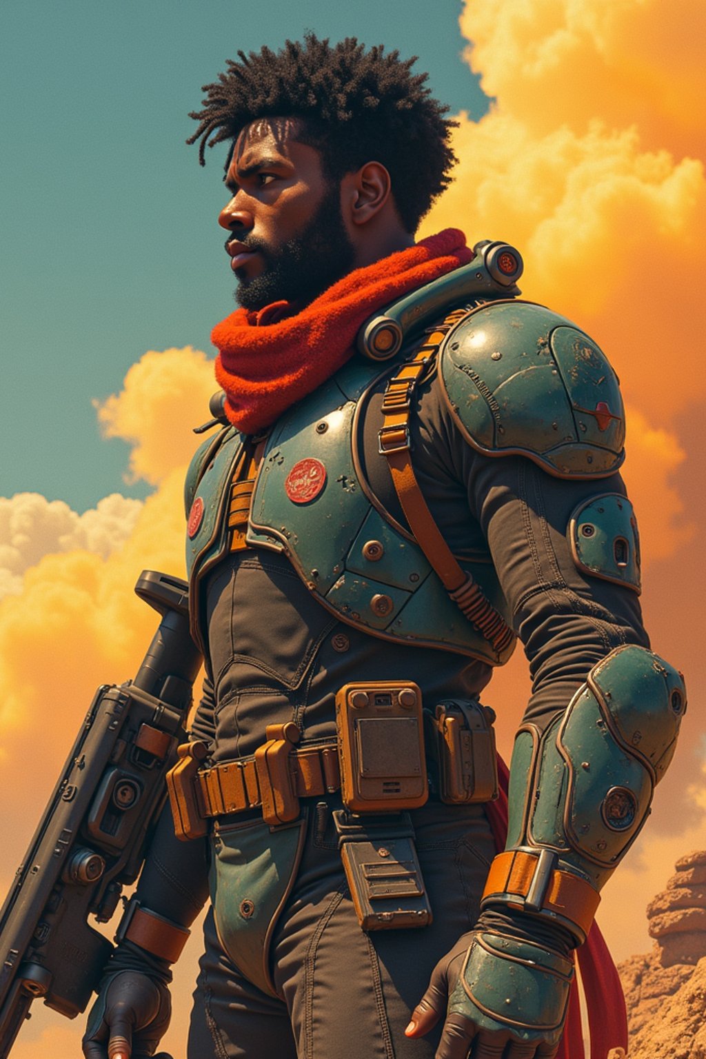 man in Overwatch, character shot, shot, concept art, intricate details, highly detailed, vintage sci - fi poster, retro future, in the style of chris foss, rodger dean, moebius, michael whelan, and gustave dore