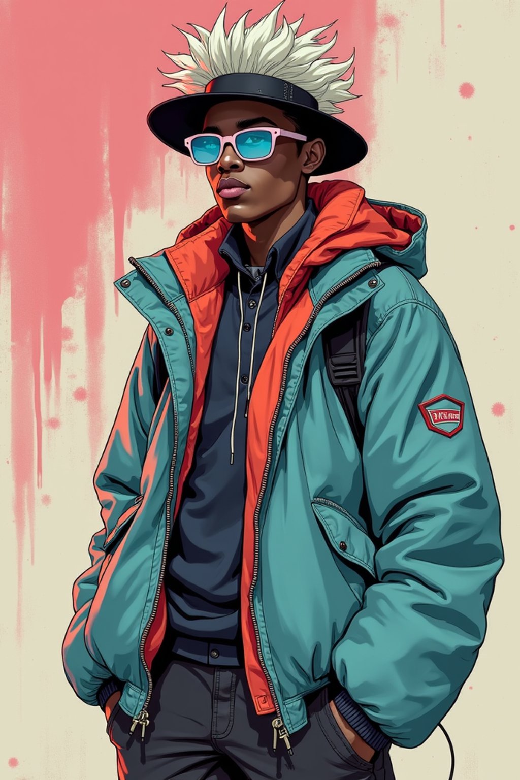 full body of a street punk man student, blue eyes, bubble jacket, hat, white hair by atey ghailan, by greg rutkowski, by greg tocchini, by james gilleard, by joe fenton, by kaethe butcher, gradient pink, black, brown and light blue color scheme, grunge aesthetic