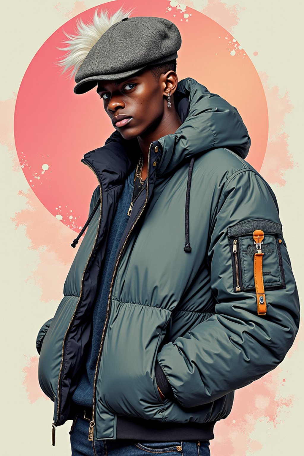 full body of a street punk man student, blue eyes, bubble jacket, hat, white hair by atey ghailan, by greg rutkowski, by greg tocchini, by james gilleard, by joe fenton, by kaethe butcher, gradient pink, black, brown and light blue color scheme, grunge aesthetic