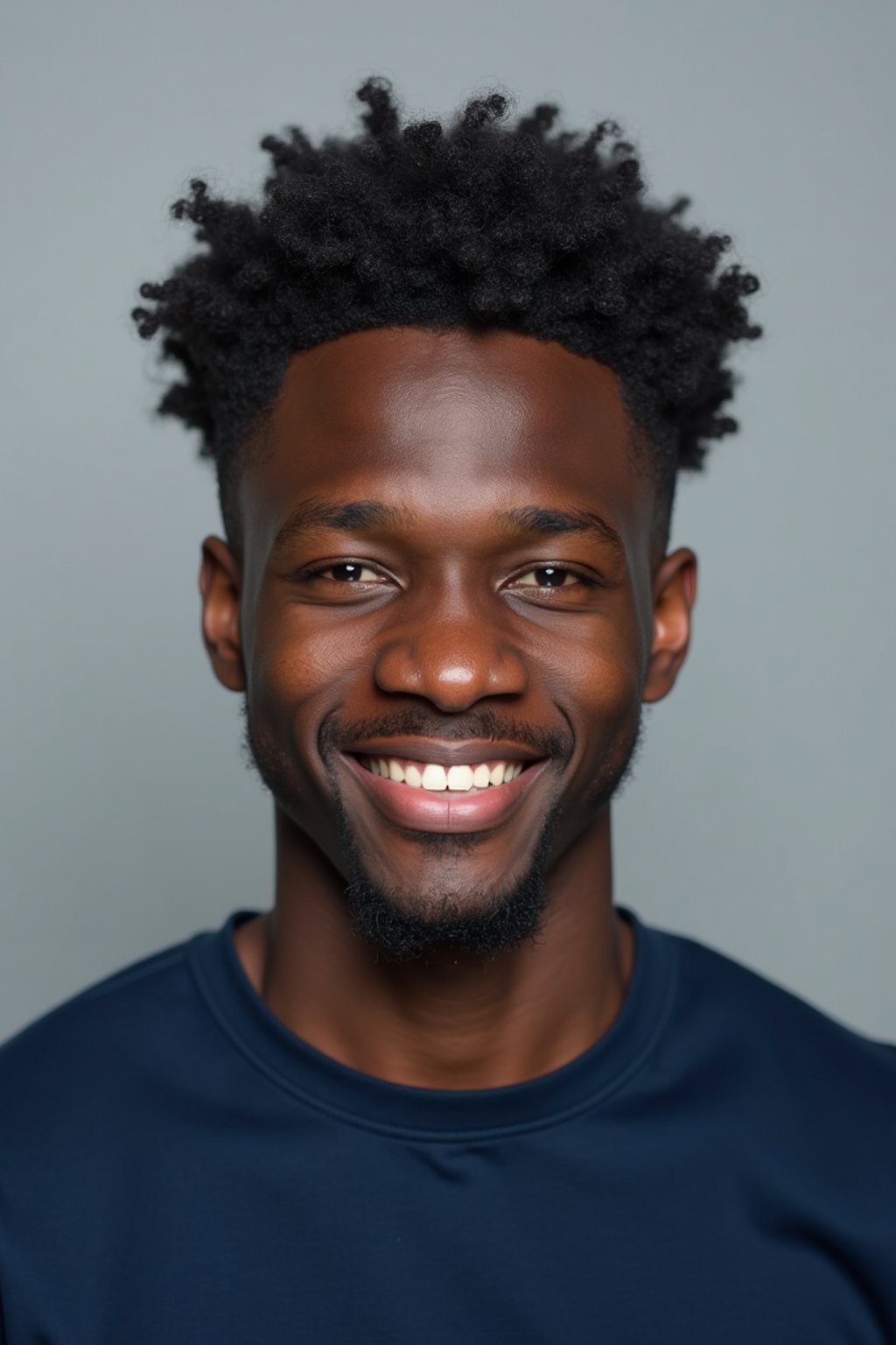 man as official passport photo for government documents. wearing a dark blue navy t-shirt. photorealistic. light gray background. entire face visible. entire head visible