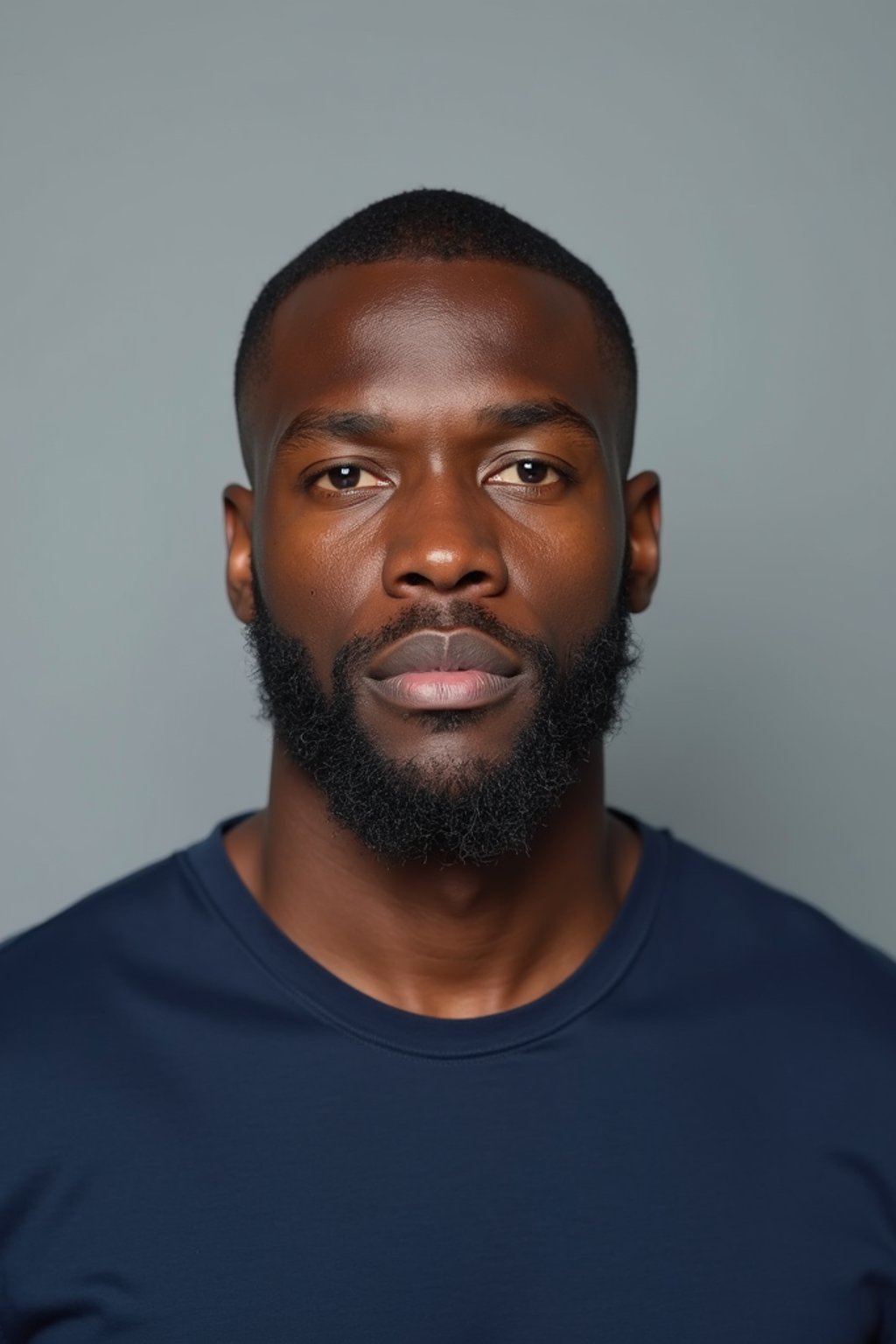 man as official passport photo for government documents. wearing a dark blue navy t-shirt. photorealistic. light gray background. entire face visible. entire head visible