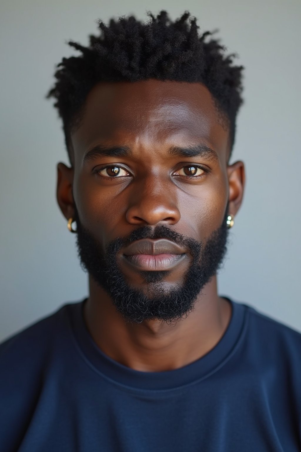 man as official passport photo for government documents. wearing a dark blue navy t-shirt. photorealistic. light gray background. entire face visible. entire head visible