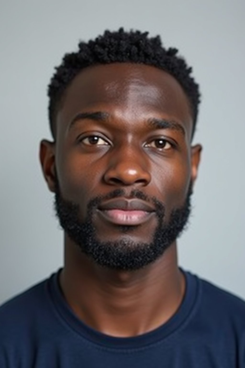 man as official passport photo for government documents. wearing a dark blue navy t-shirt. photorealistic. light gray background. entire face visible. entire head visible