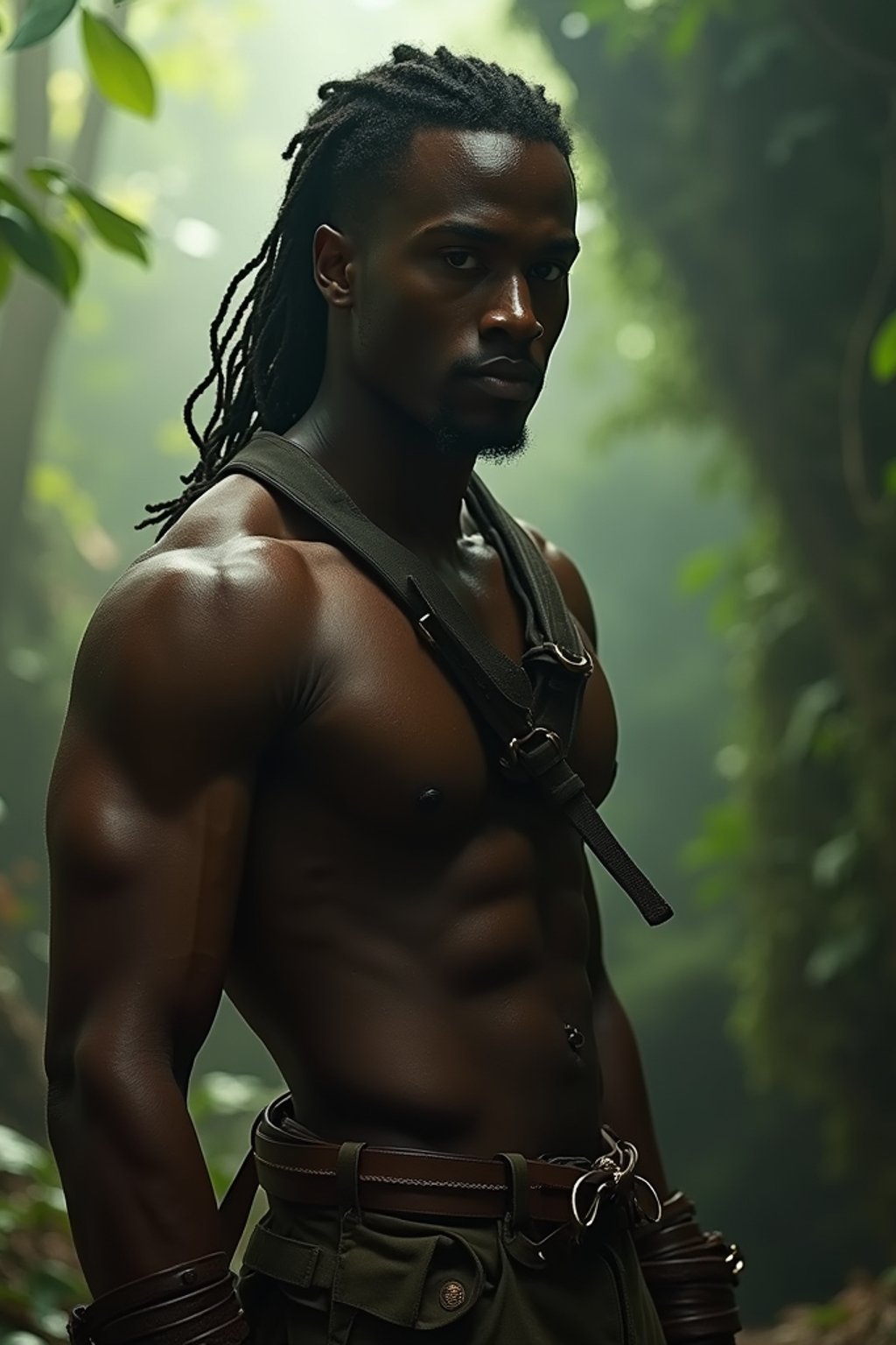 man as masculine male sidekick of Lara Croft  in Tombraider, in rainforest, cinematic lighting