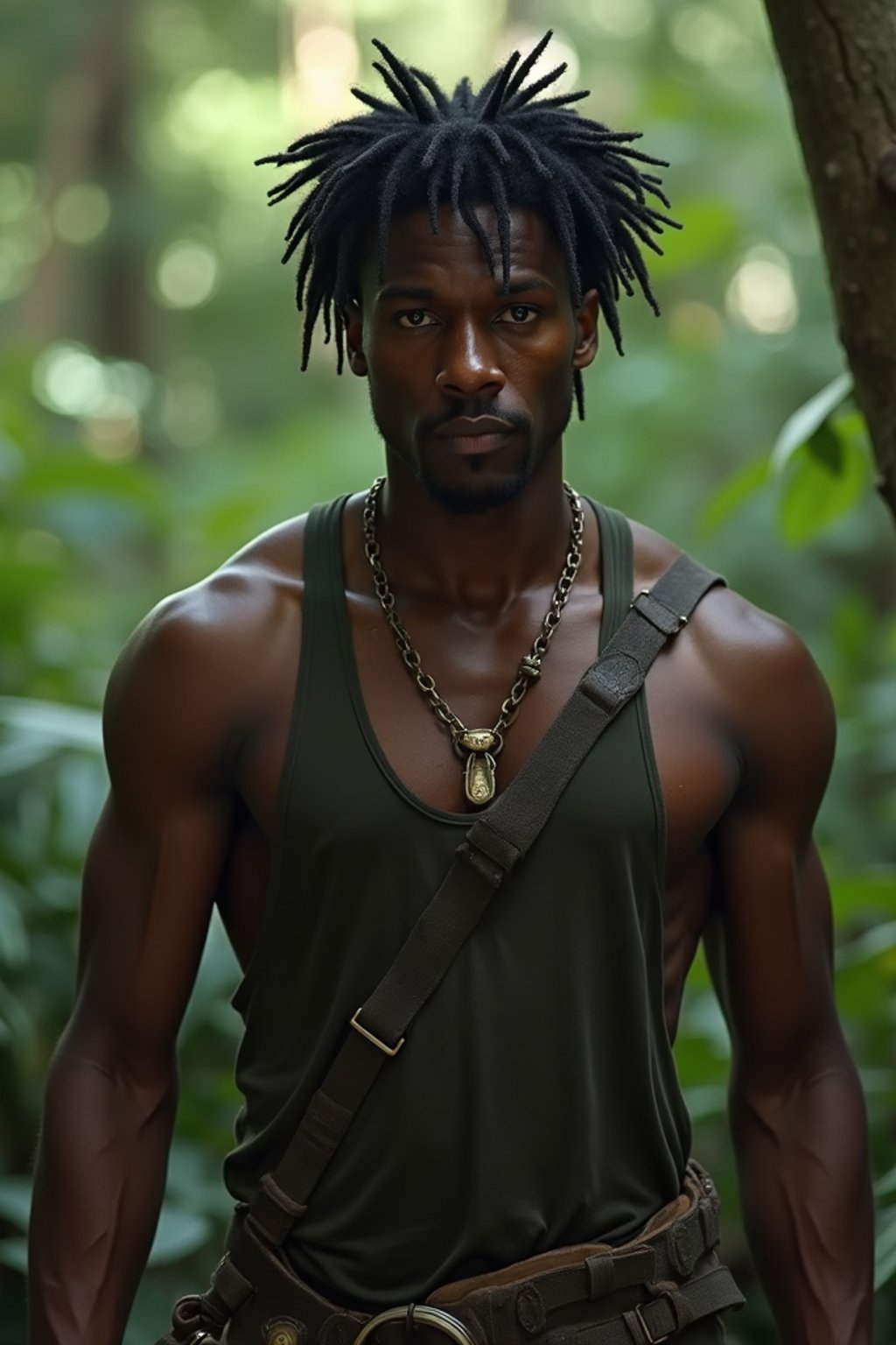 man as masculine male sidekick of Lara Croft  in Tombraider, in rainforest, cinematic lighting