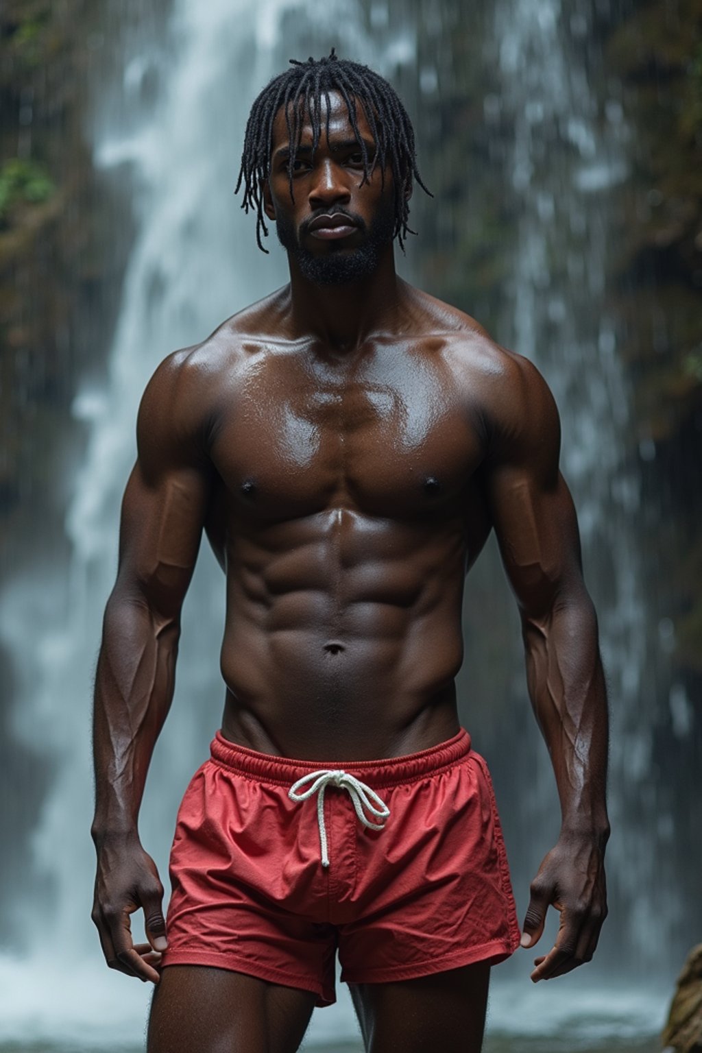 man in swim shorts  under a waterfall, wet hair