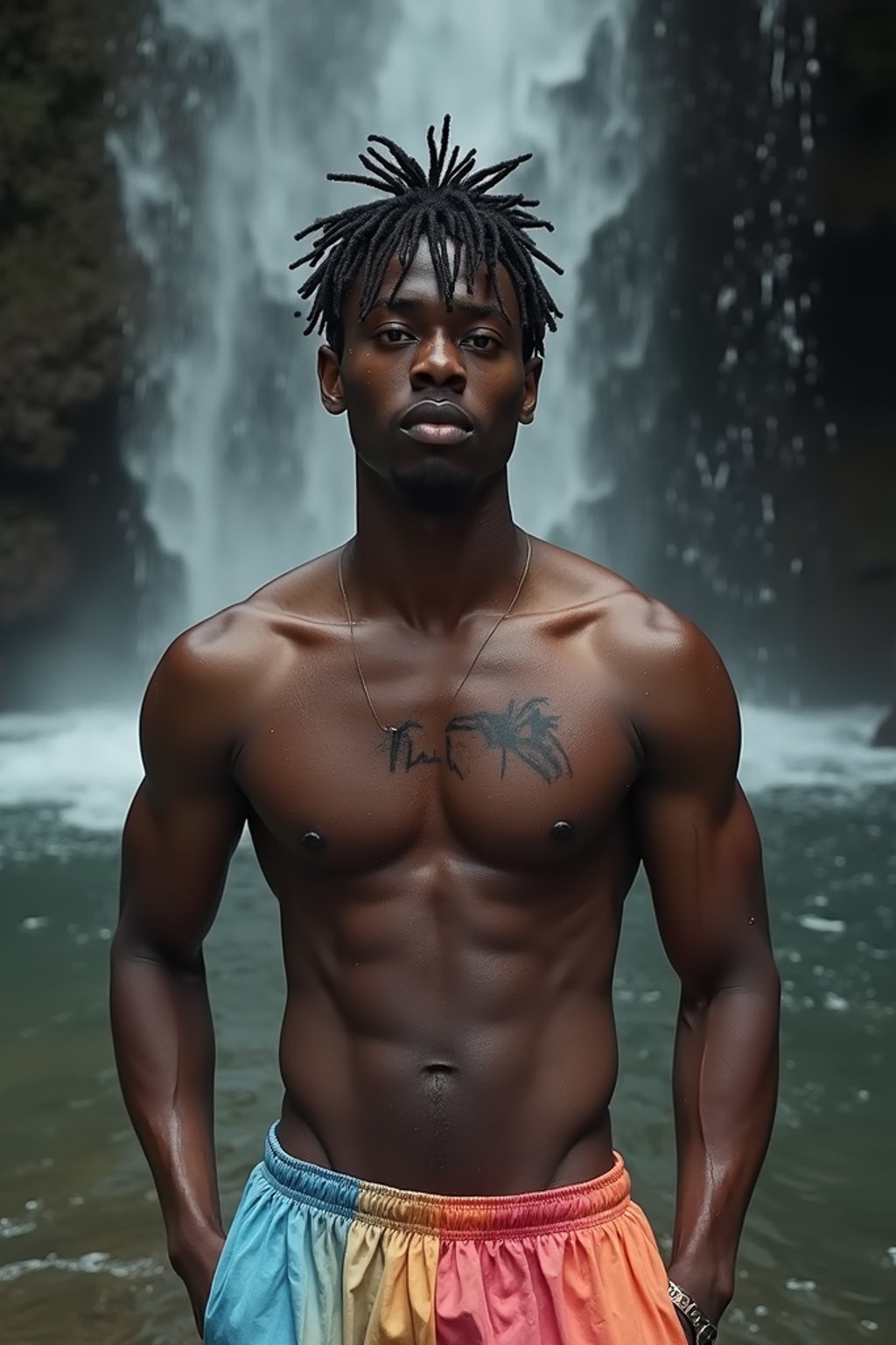 man in swim shorts  under a waterfall, wet hair