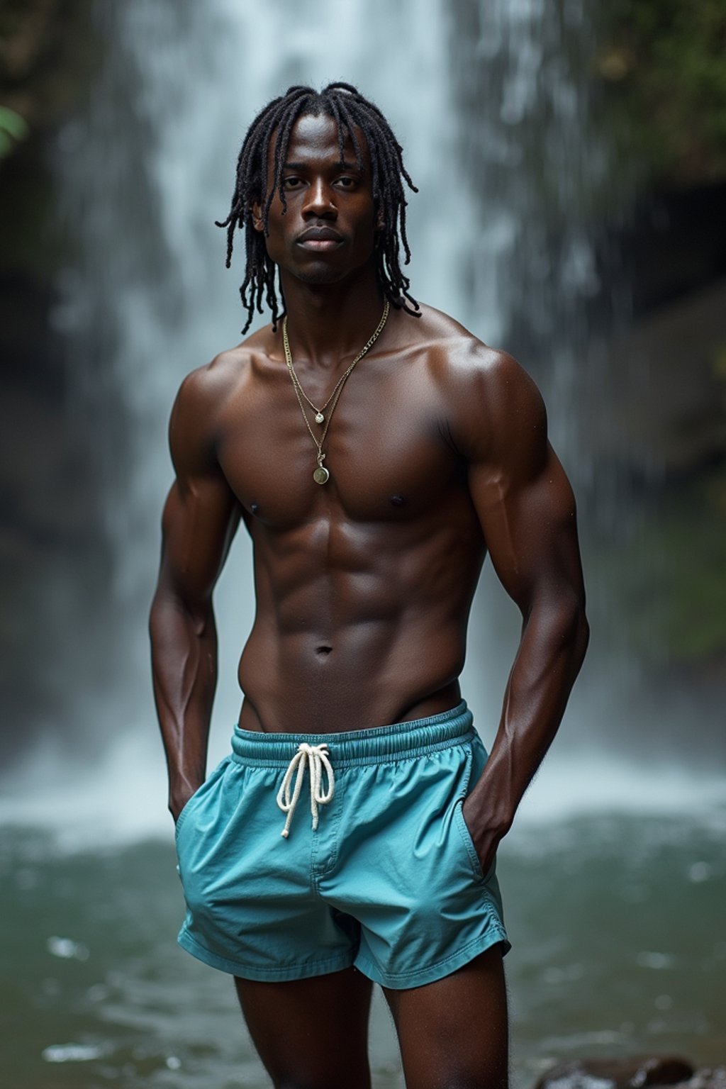 man in swim shorts  under a waterfall, wet hair