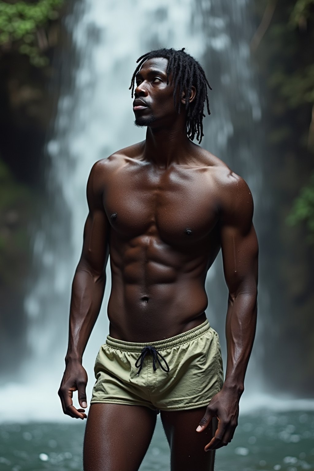 man in swim shorts  under a waterfall, wet hair