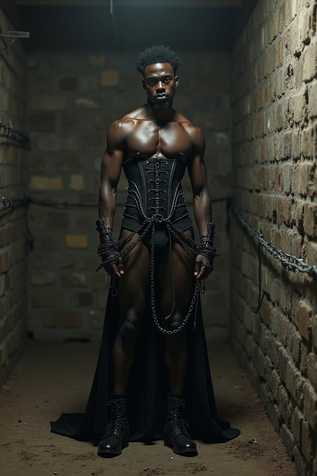 gothic man, bound by chains and barbed wire in a dungeon, very tight corset, high heels